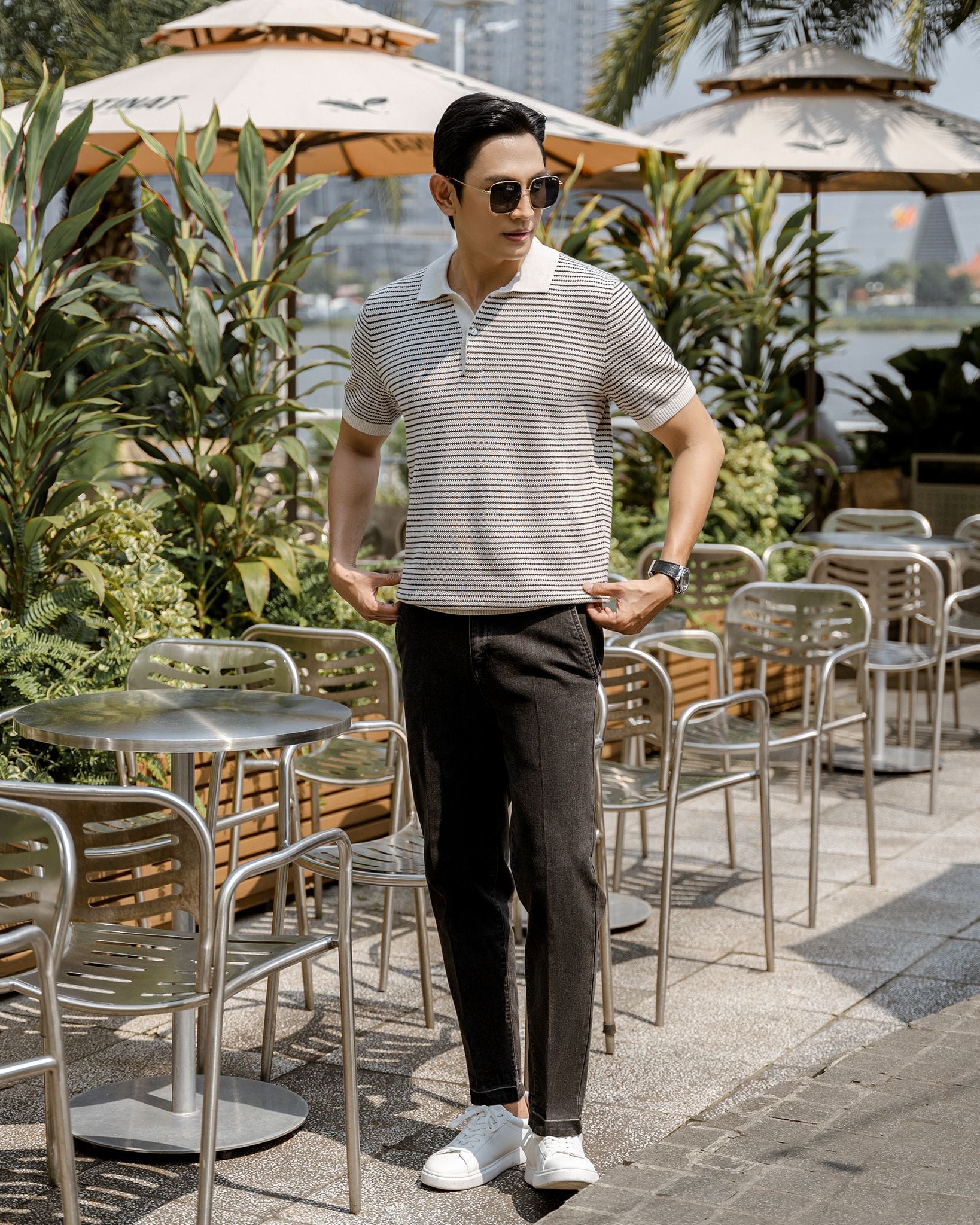 Áo Polo Dệt Kim By Cotton Melange Sọc Nhỏ Kem