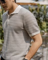 Áo Polo Dệt Kim By Cotton Melange Sọc Nhỏ Kem