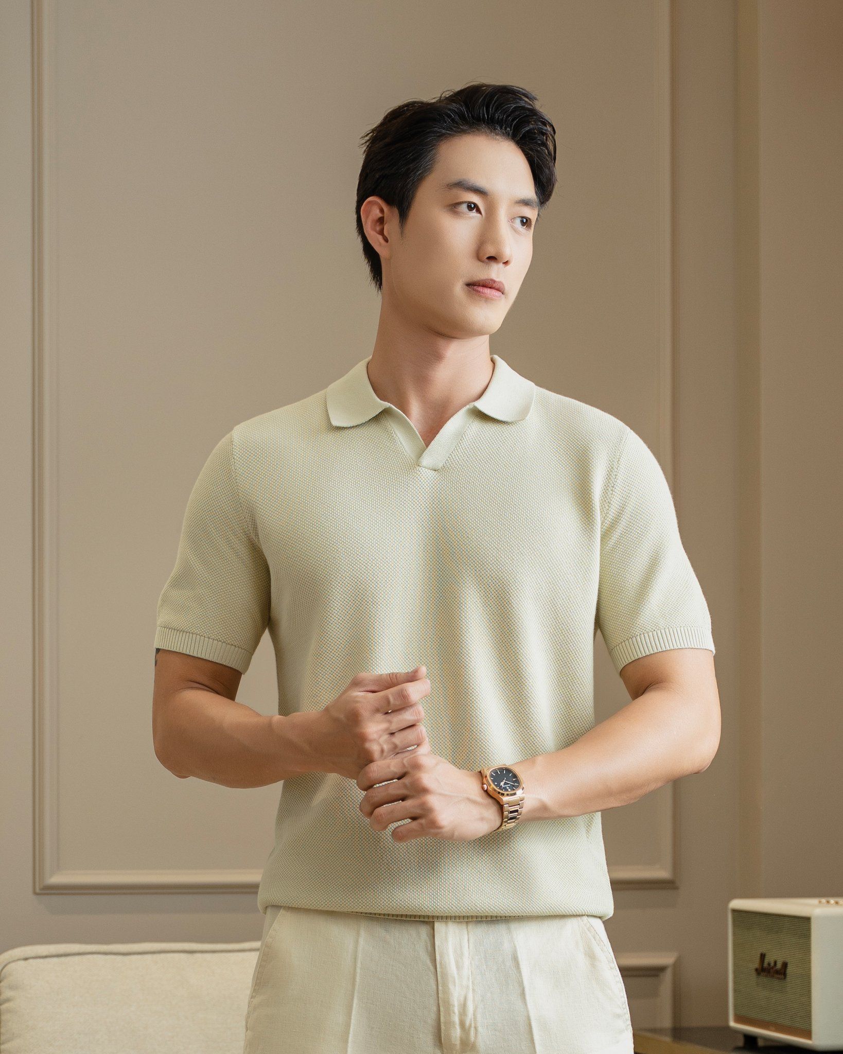 Áo Polo Dệt Kim By Cotton Melange Xanh Bơ