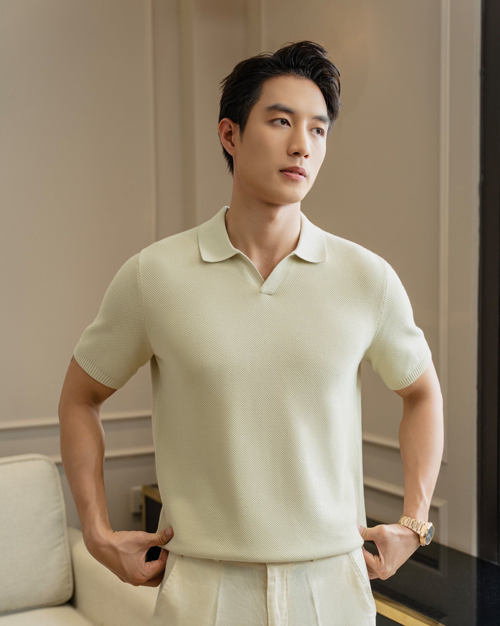 Áo Polo Dệt Kim By Cotton Melange Xanh Bơ