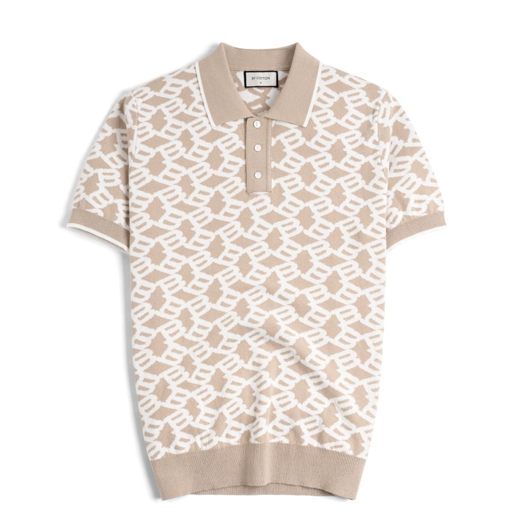 Áo Polo Dệt Kim By Cotton Monogram Phối Bo - Be Nhạt