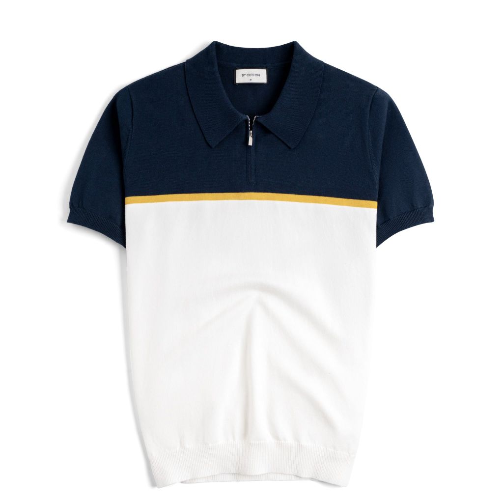 Áo Polo Dệt Kim By Cotton Trắng Phối Xanh Đen