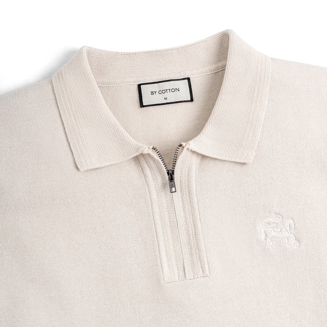Áo Polo Dệt Kim Cổ Khóa Zip Thêu Logo Đồng Màu