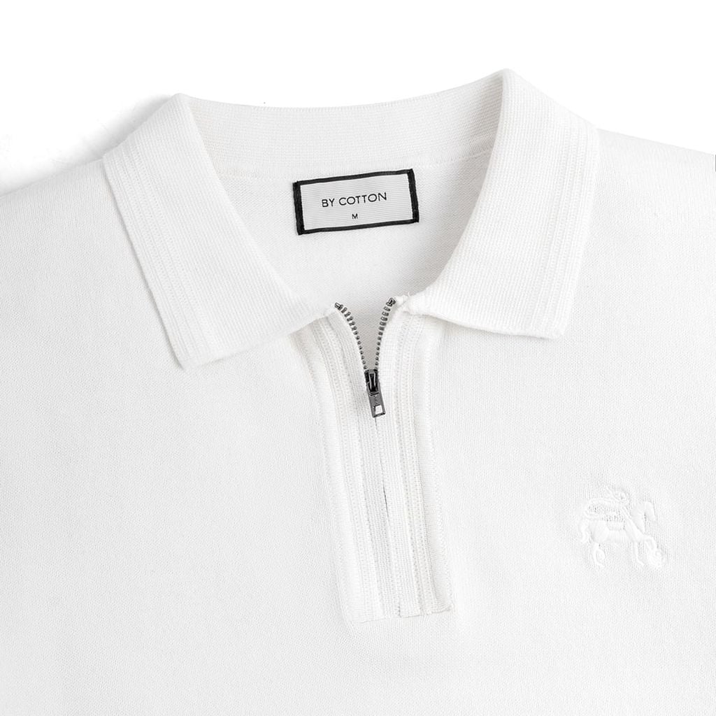 Áo Polo Dệt Kim Cổ Khóa Zip Thêu Logo Đồng Màu