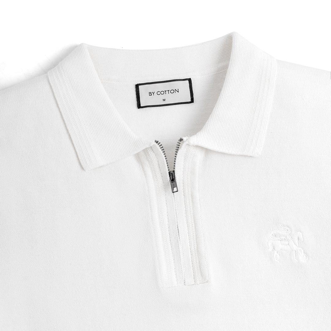 Áo Polo Dệt Kim Cổ Khóa Zip Thêu Logo Đồng Màu