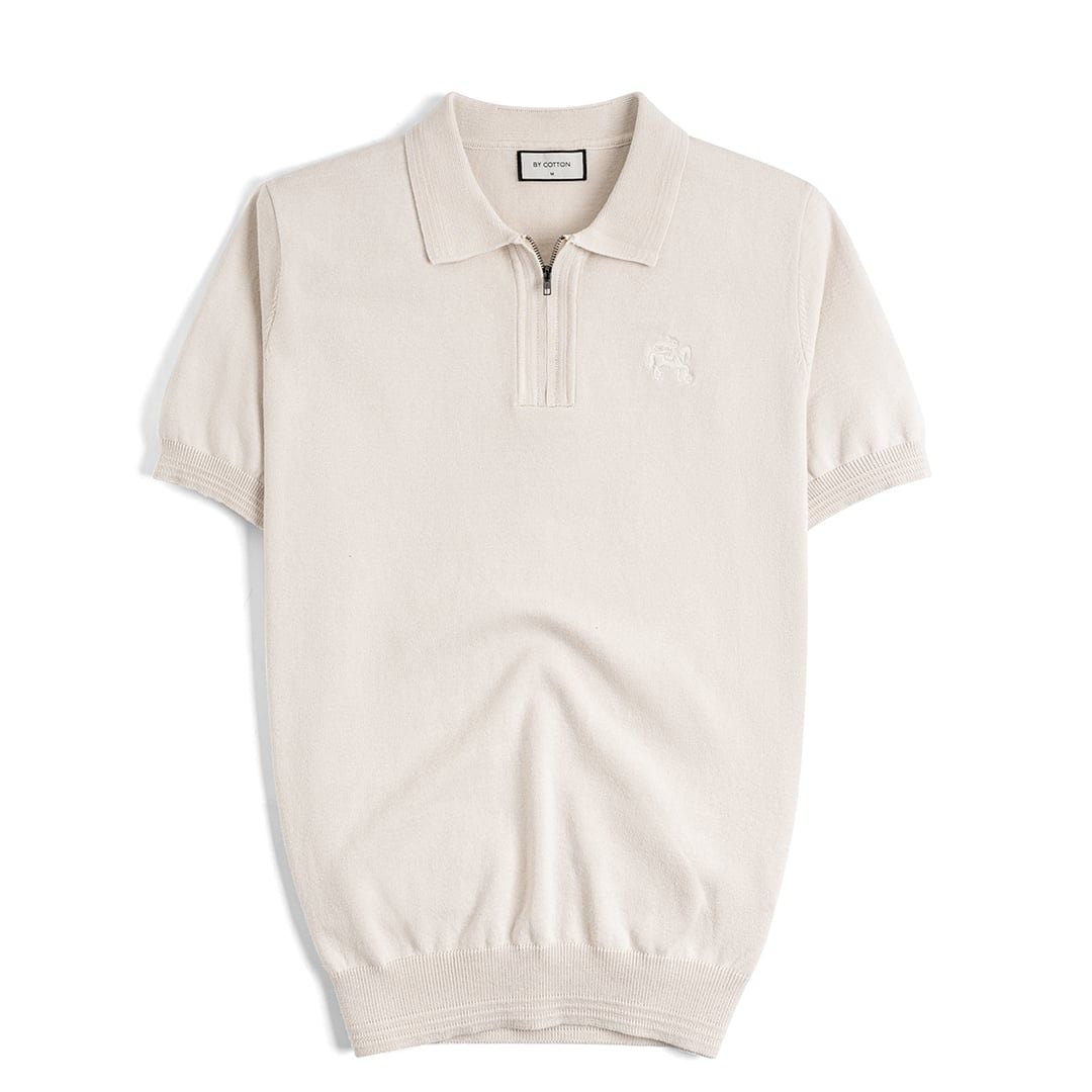 Áo Polo Dệt Kim Cổ Khóa Zip Thêu Logo Đồng Màu