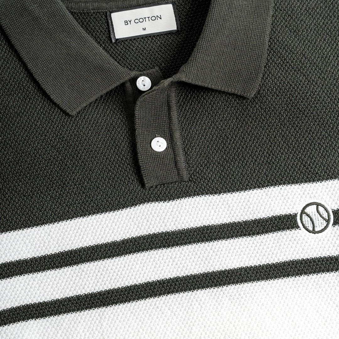Áo Polo Dệt Kim Phối Vai Colorblock Sọc Ngực Đôi Xanh Lá