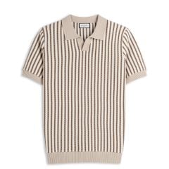Áo Polo Dệt Kim Sọc Be Nâu Cổ V