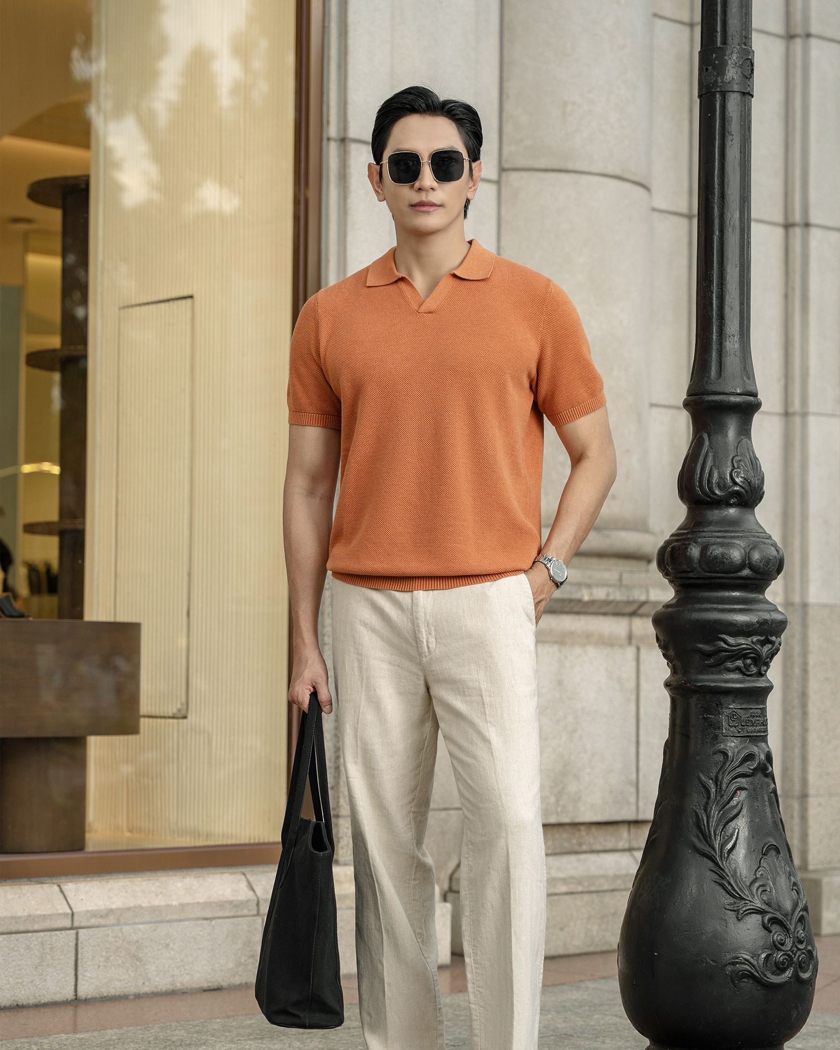 Áo Thun Polo Nam Dệt Kim By Cotton Melange Cam Gạch
