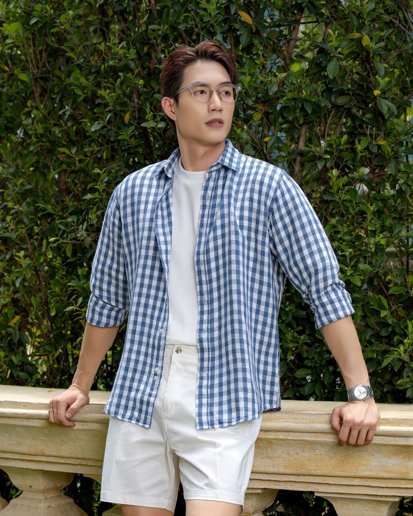 Áo Sơ Mi Nam By Cotton Linen Caro Xanh Trắng
