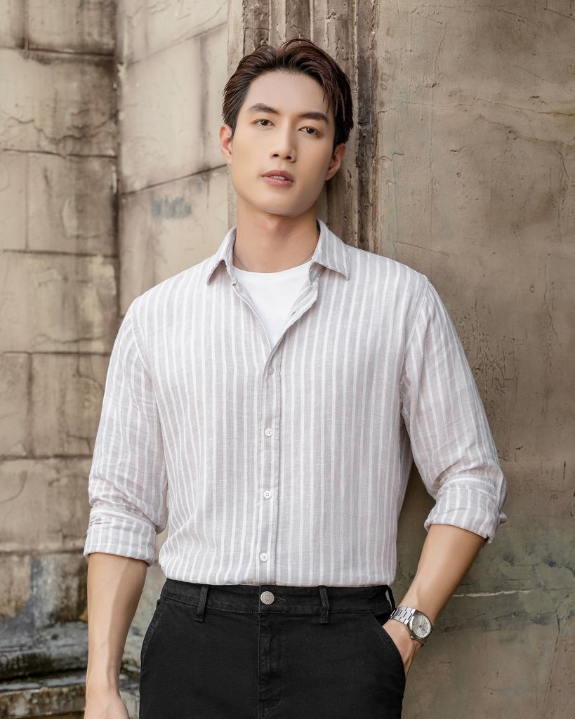 Áo Sơ Mi Nam By Cotton Linen Nâu Sọc Trắng