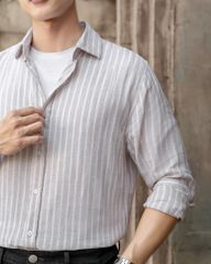 Áo Sơ Mi Nam By Cotton Linen Nâu Sọc Trắng