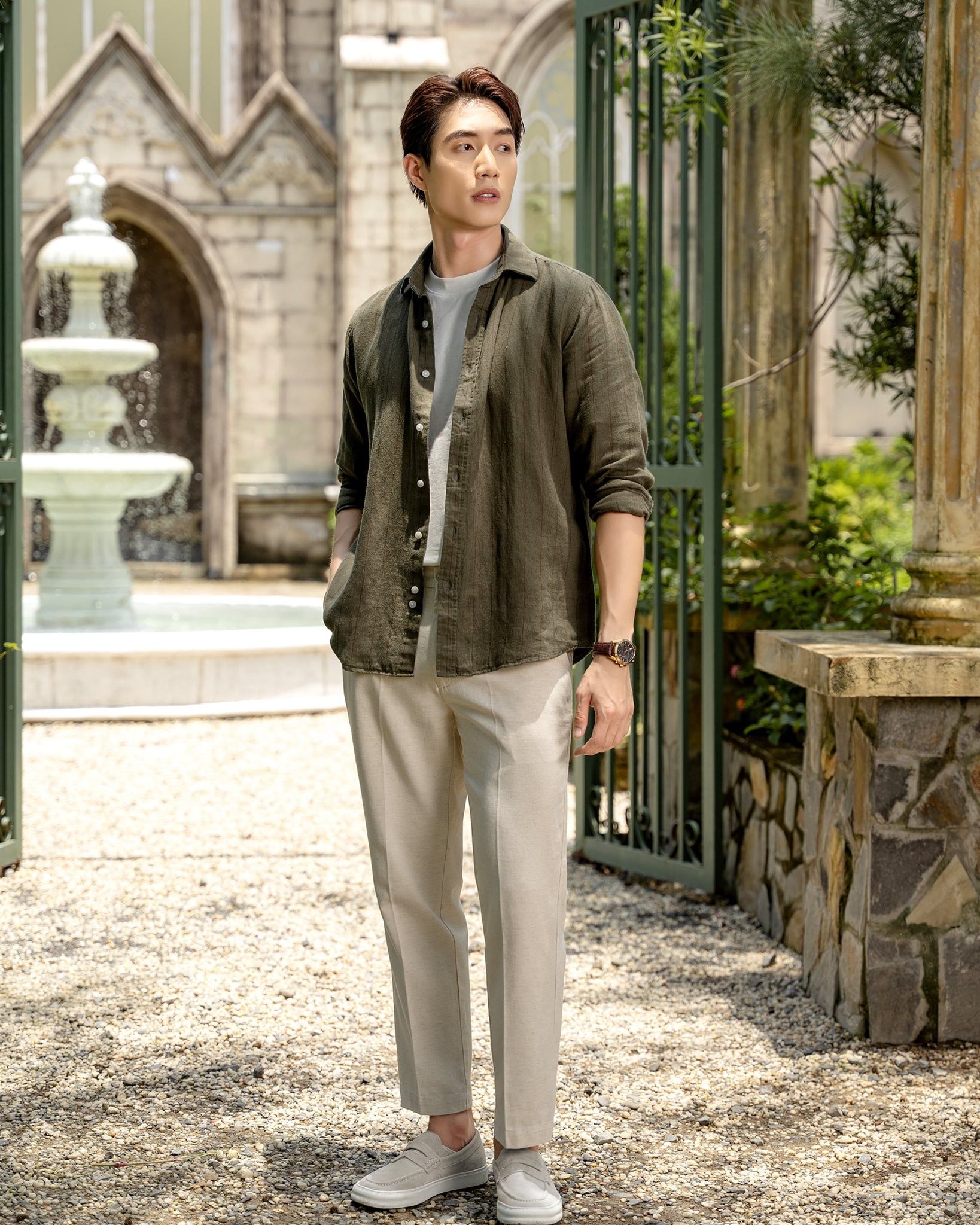 Áo Sơ Mi Nam By Cotton Linen Rêu Sọc