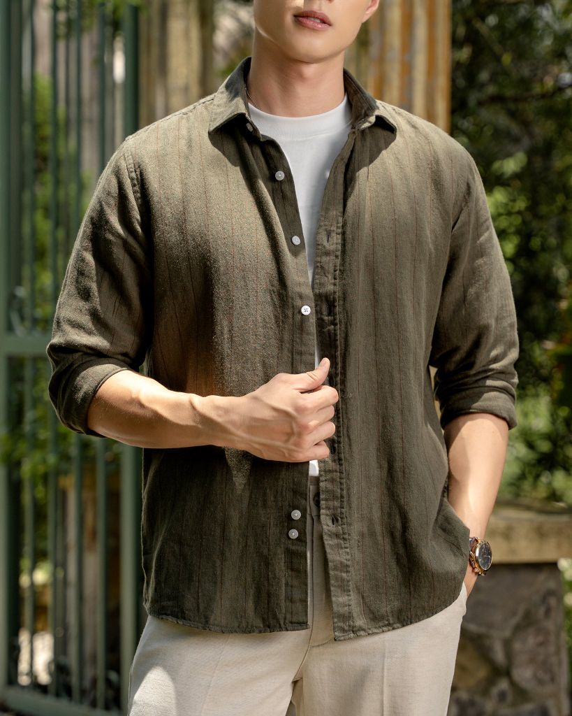 Áo Sơ Mi Nam By Cotton Linen Rêu Sọc
