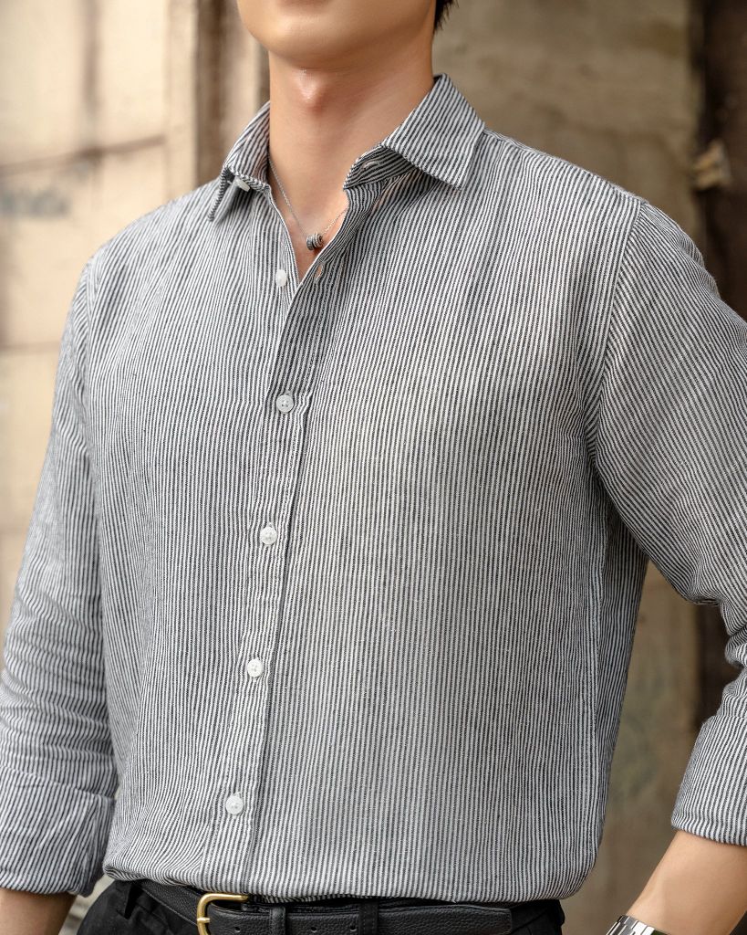 Áo Sơ Mi Nam By Cotton Linen Sọc Nhuyễn Đen