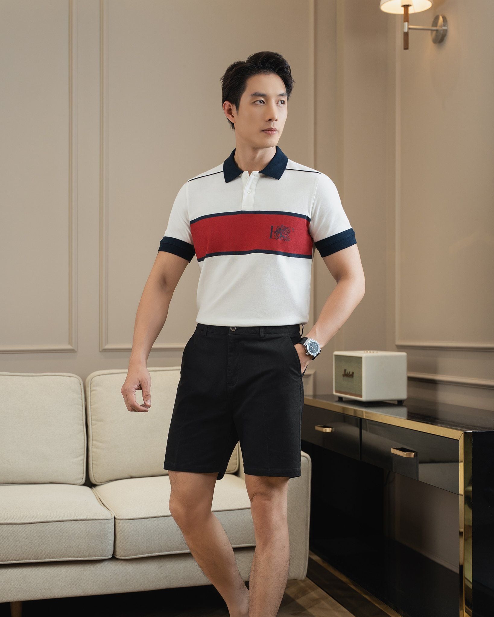 Áo Thun Polo By Cotton In Sọc Ngực Xanh Đen Đỏ