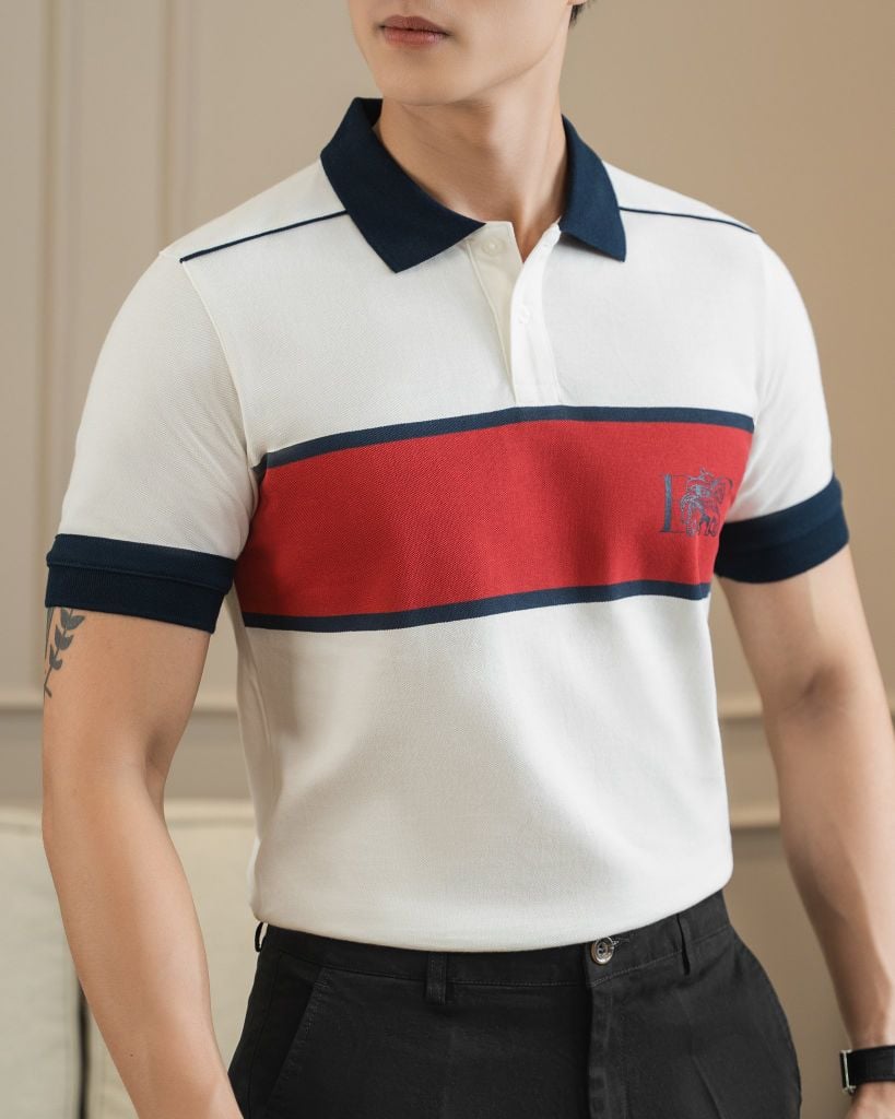Áo Thun Polo By Cotton In Sọc Ngực Xanh Đen Đỏ
