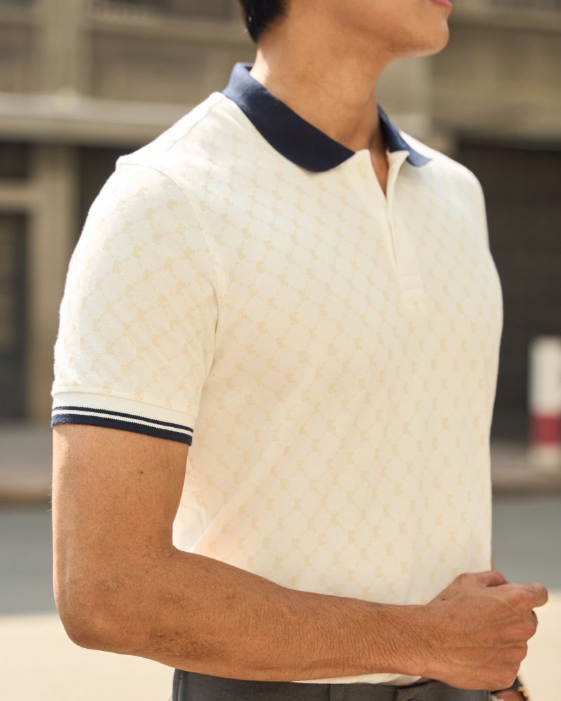 Áo Thun Polo By Cotton Pique Trắng In Tràn Monogram BC