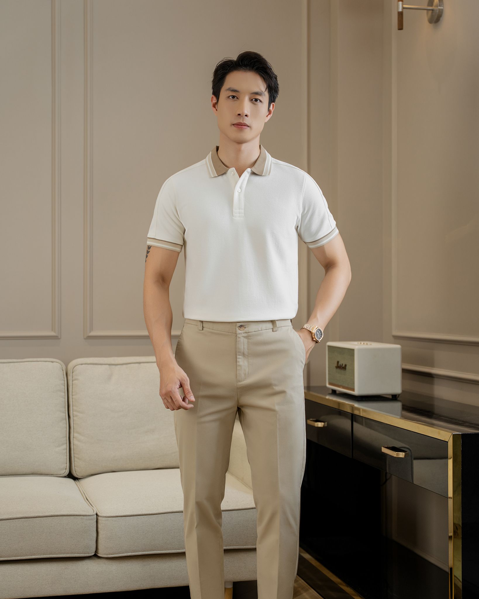 Áo Thun Polo By Cotton 2Layer Kem Phối Bo