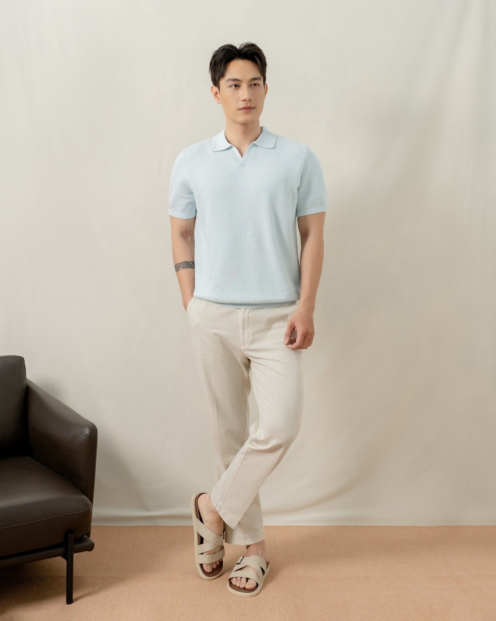 Áo Polo Dệt Kim By Cotton Melange Xanh Nhạt