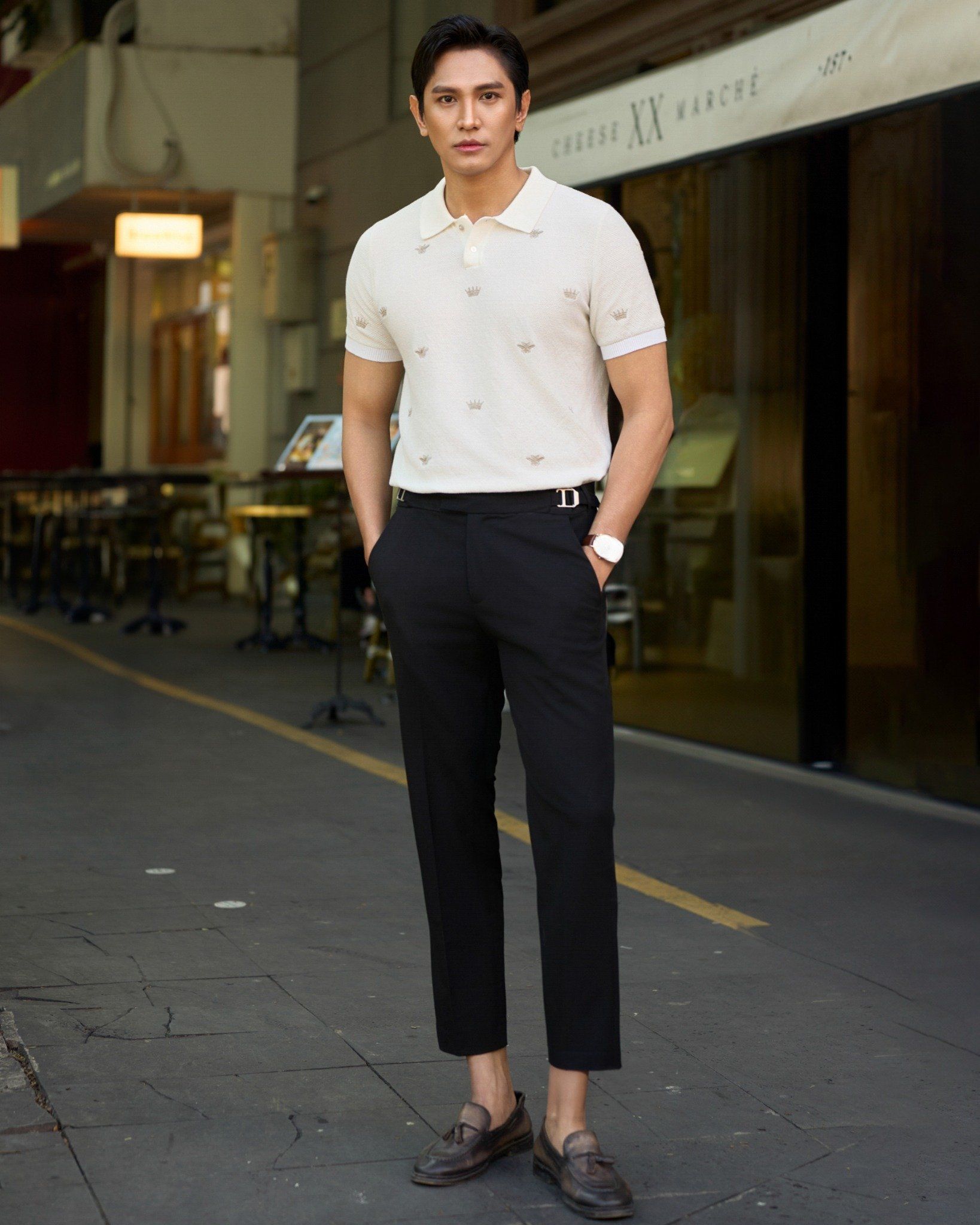 Áo Thun Polo Dệt Kim Cao Cấp Trắng Thêu Bee