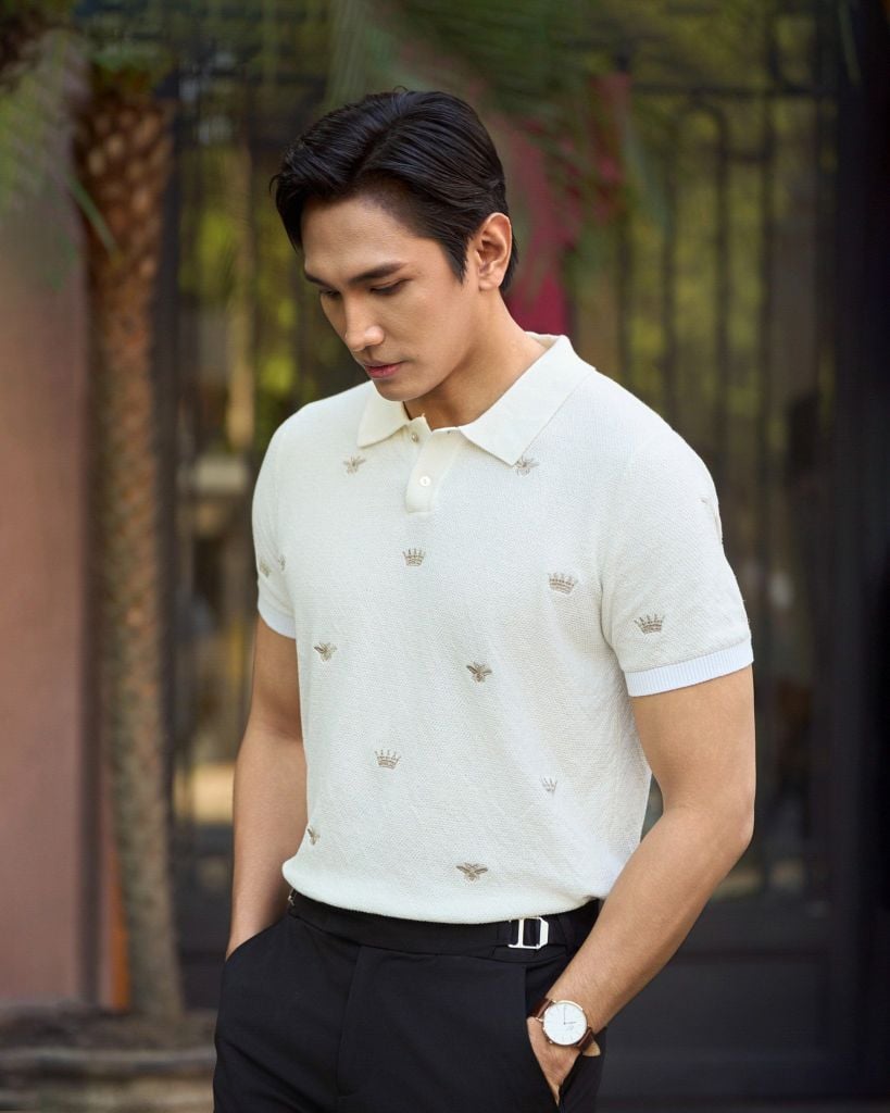 Áo Thun Polo Dệt Kim Cao Cấp Trắng Thêu Bee