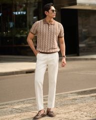 Áo Thun Polo Dệt Kim Cao Cấp Monogram Hoạ Tiết Nâu Trắng