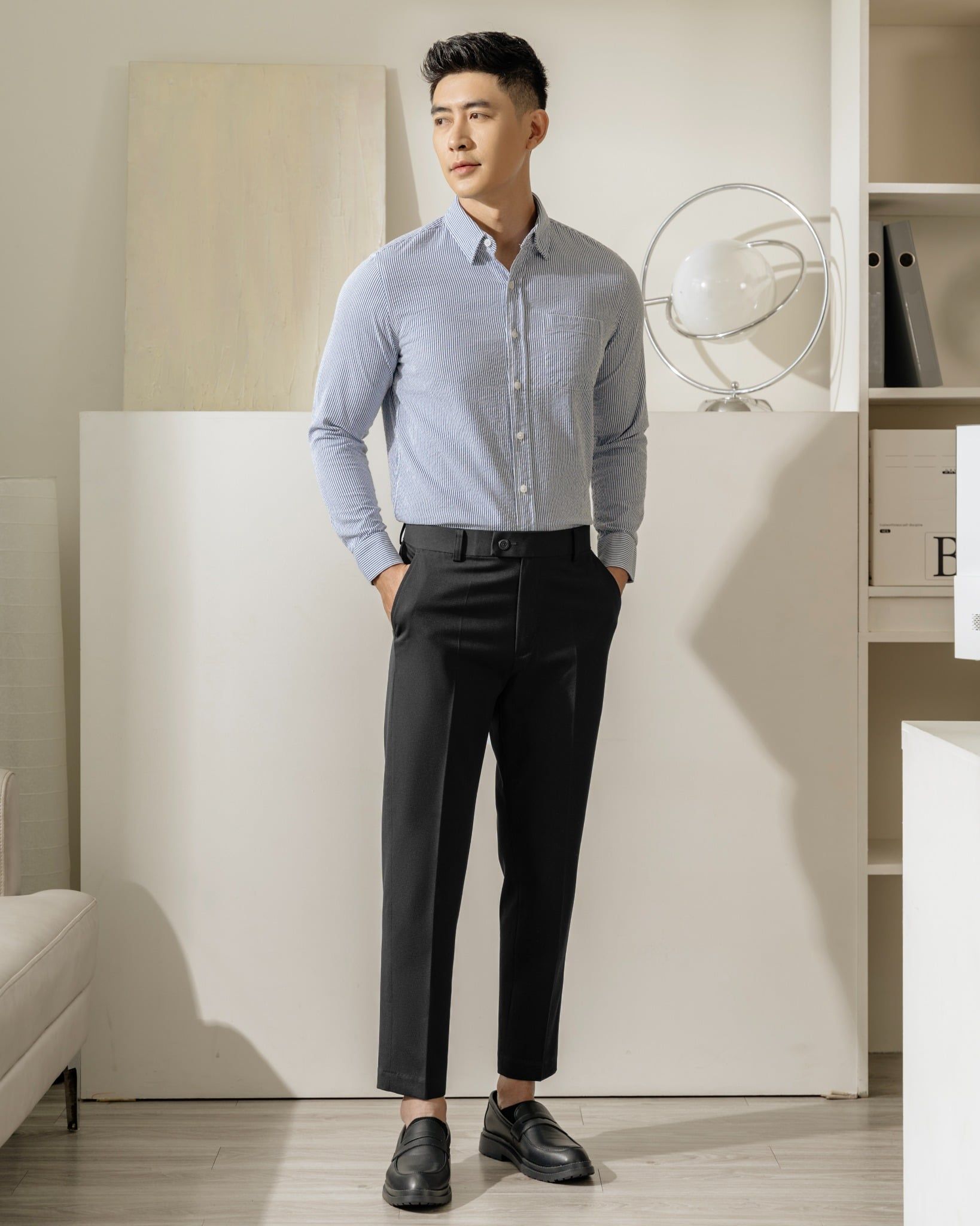 Áo Sơ Mi Sọc Nhuyễn Xanh Đậm Art Nhăn