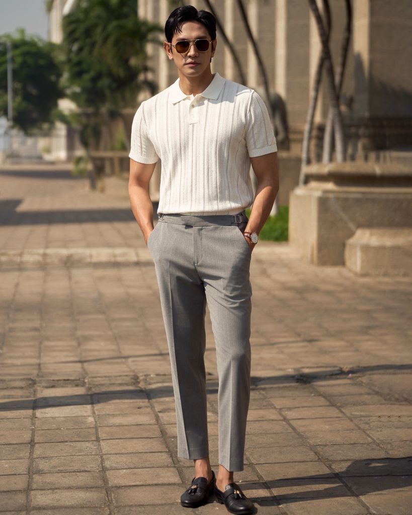 Áo Thun Polo Dệt Kim Trắng Kết Cấu Sọc Đứng