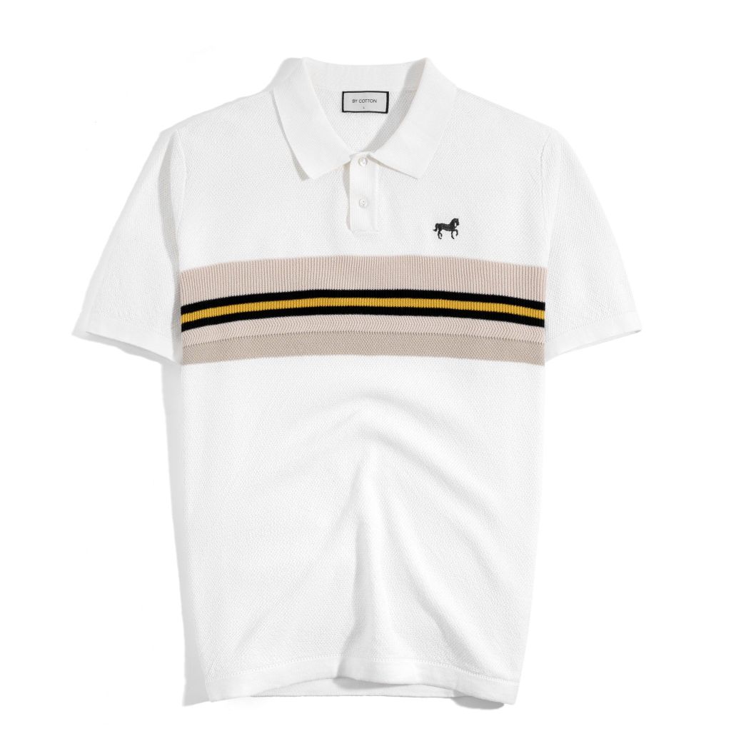 Áo Thun Polo Dệt Kim Trắng Sọc Ngực Thêu Ngựa SS2