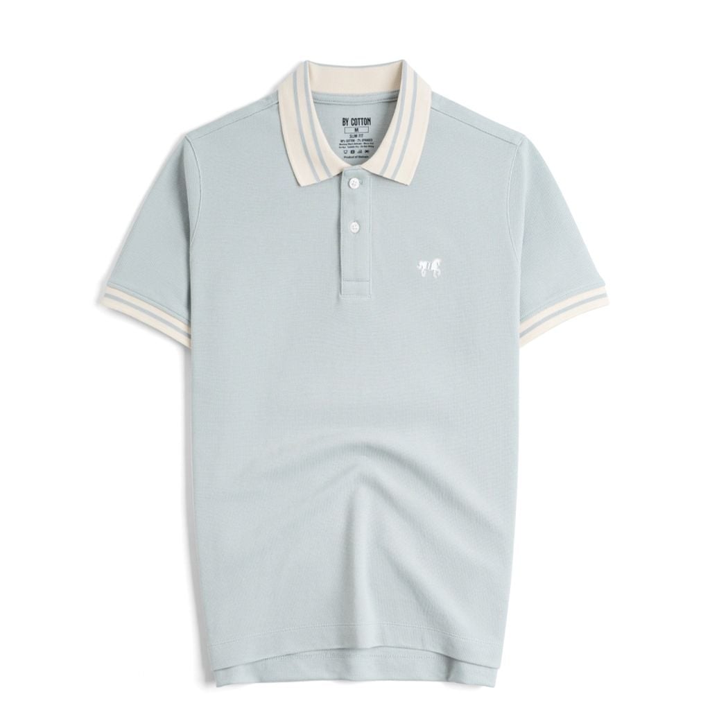 Áo Thun Polo By Cotton Pique 2.0 In Logo Phối Bo- Xanh Nhạt