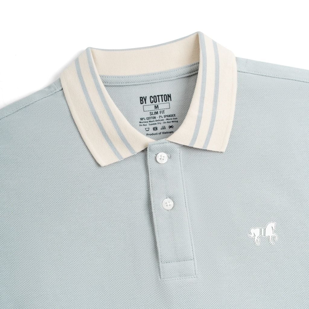 Áo Thun Polo By Cotton Pique 2.0 In Logo Phối Bo- Xanh Nhạt