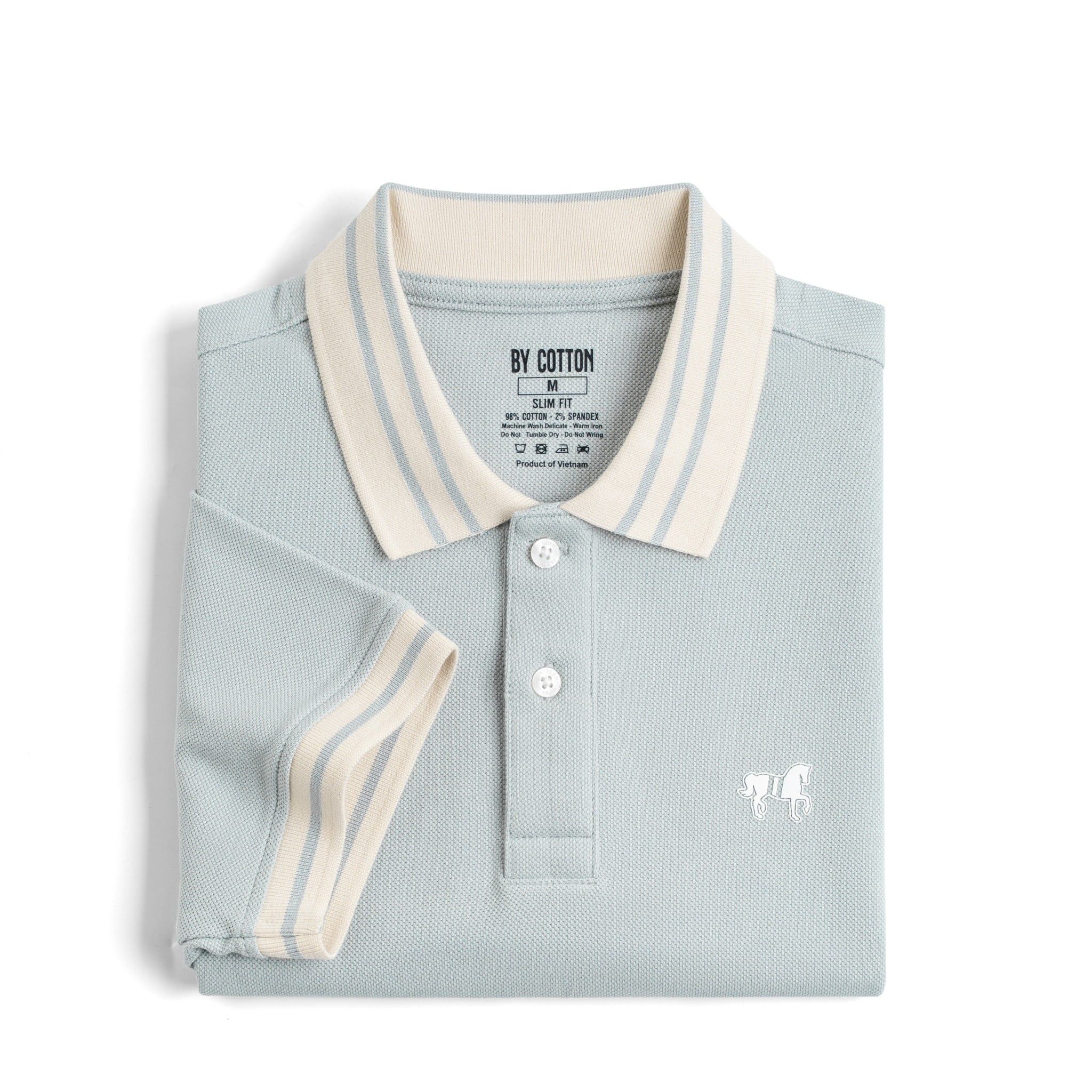 Áo Thun Polo By Cotton Pique 2.0 In Logo Phối Bo- Xanh Nhạt