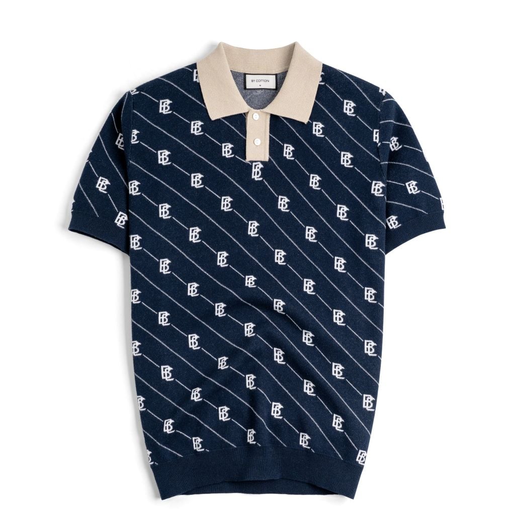 Áo Polo Dệt Kim By Cotton Monogram Phối Bo - Xanh Đen