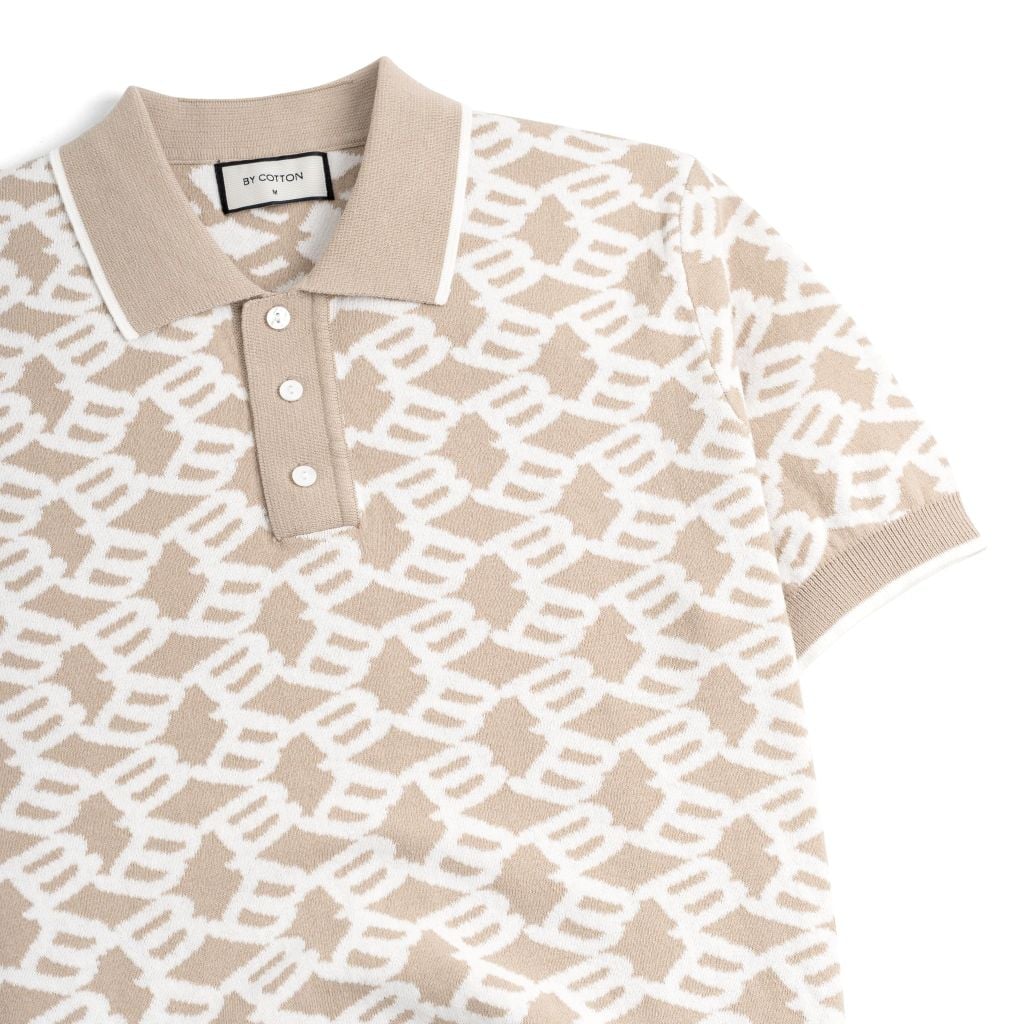Áo Polo Dệt Kim By Cotton Monogram Phối Bo - Be Nhạt