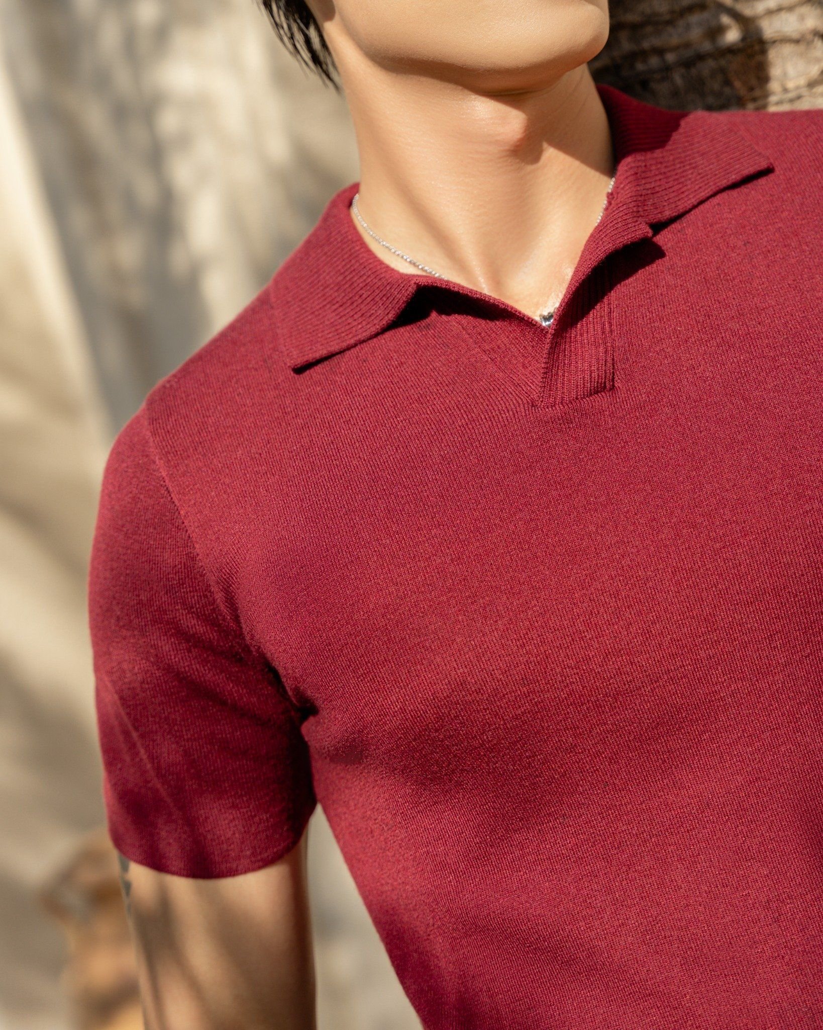 Áo Thun Polo Dệt Kim Sợi Plain Màu Đỏ Đô