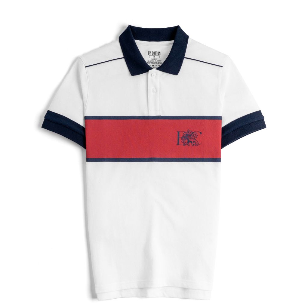 Áo Thun Polo By Cotton In Sọc Ngực Xanh Đen Đỏ