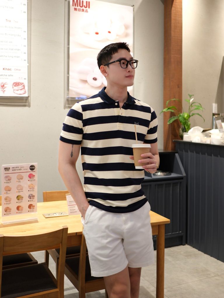 Set Đồ Polo Navy Stripes Fox x Short Kaki Trắng