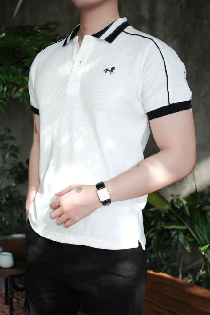 Set Đồ Polo Waffle Trắng Thêu Ngựa x Short Kaki Trắng