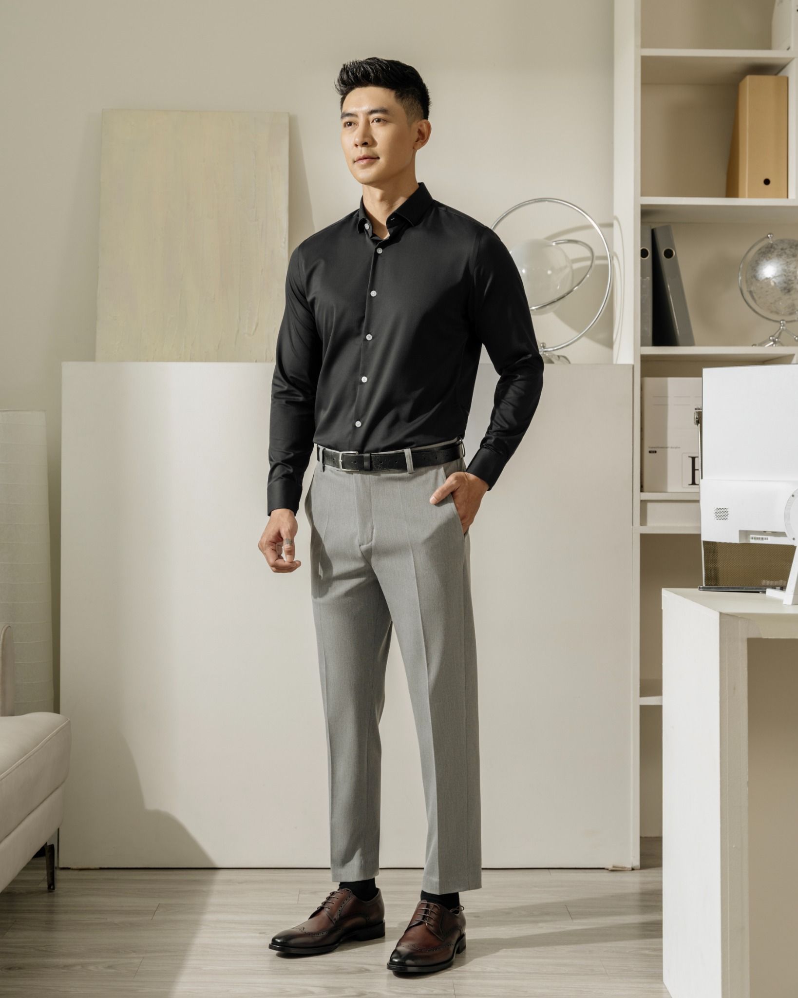 Áo Sơ Mi Nam Tay Dài Công Sở Bamboo Màu Đen