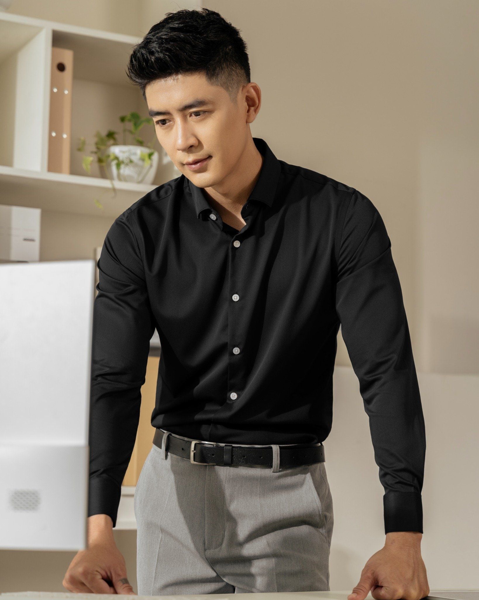 Áo Sơ Mi Nam Tay Dài Công Sở Bamboo Màu Đen