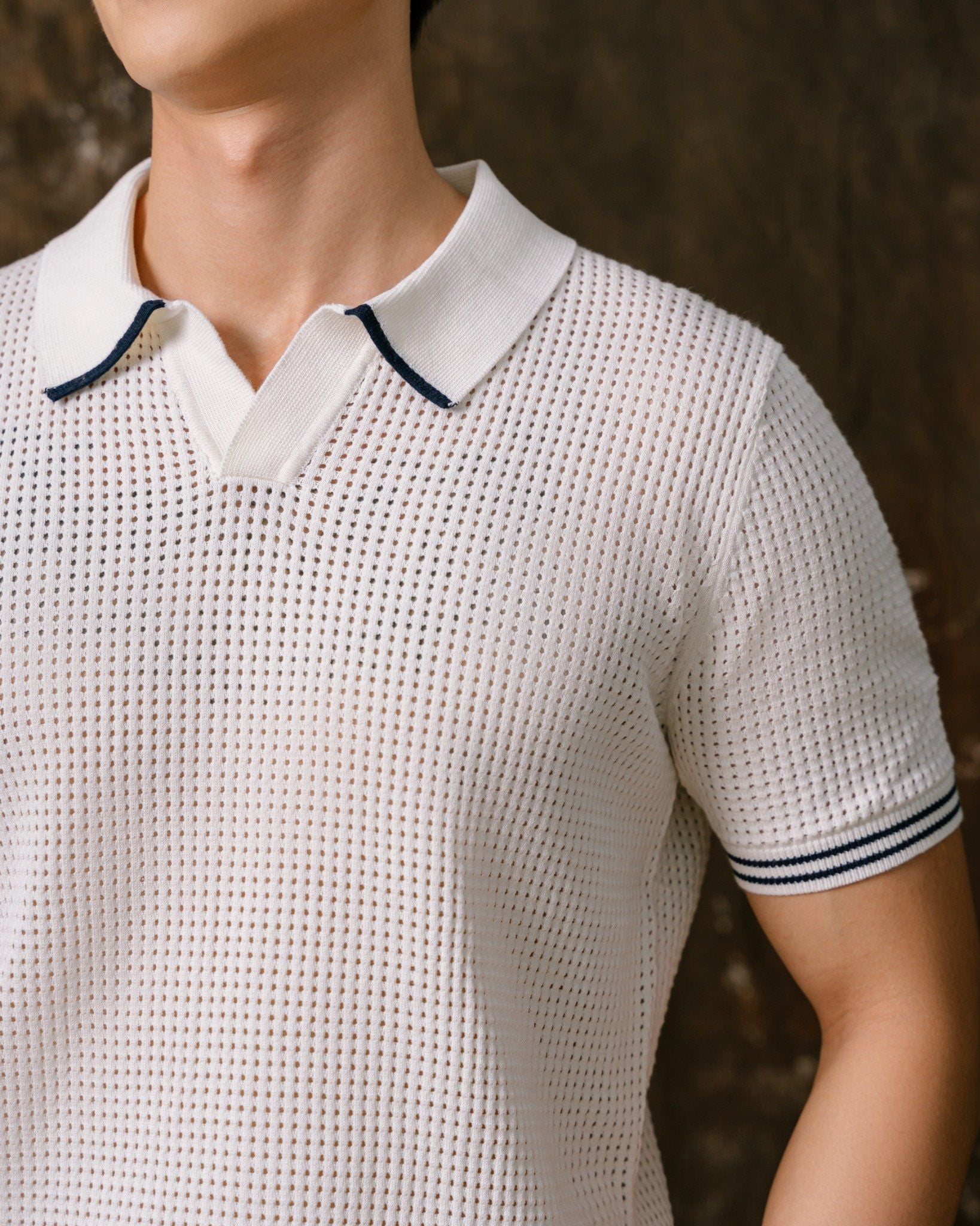 Áo Thun Polo Dệt Kim Trắng Lỗ Viền Sọc Bo Tay
