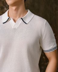 Áo Thun Polo Dệt Kim Trắng Lỗ Viền Sọc Bo Tay