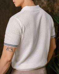 Áo Thun Polo Dệt Kim Trắng Lỗ Viền Sọc Bo Tay