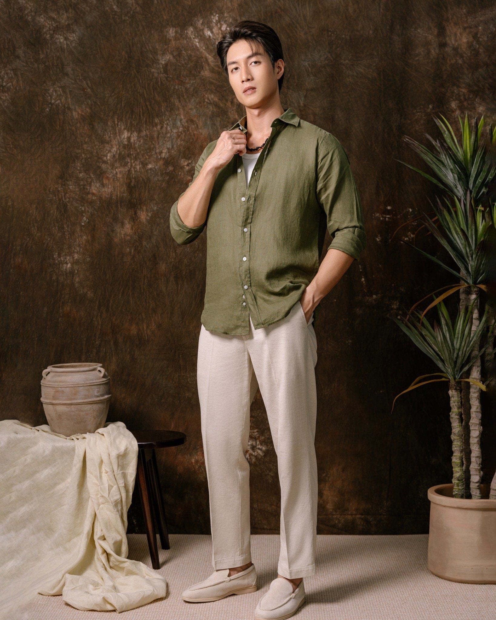 Quần Linen Dài Form Ống Đứng - Màu Nâu Nhạt