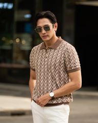 Áo Thun Polo Dệt Kim Cao Cấp Monogram Hoạ Tiết Nâu Trắng
