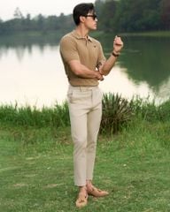 Áo Thun Polo Dệt Kim Sọc Đứng Nâu - Thêu Ngựa