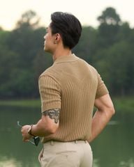 Áo Thun Polo Dệt Kim Sọc Đứng Nâu - Thêu Ngựa
