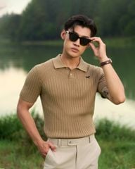 Áo Thun Polo Dệt Kim Sọc Đứng Nâu - Thêu Ngựa
