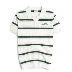 Áo Polo Dệt Kim Mesh Sọc Ngang Thân Xanh Lá Thêu 